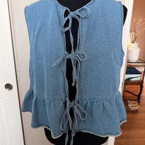 Denim Sleeveless Blue Tie-Back Peplum Top